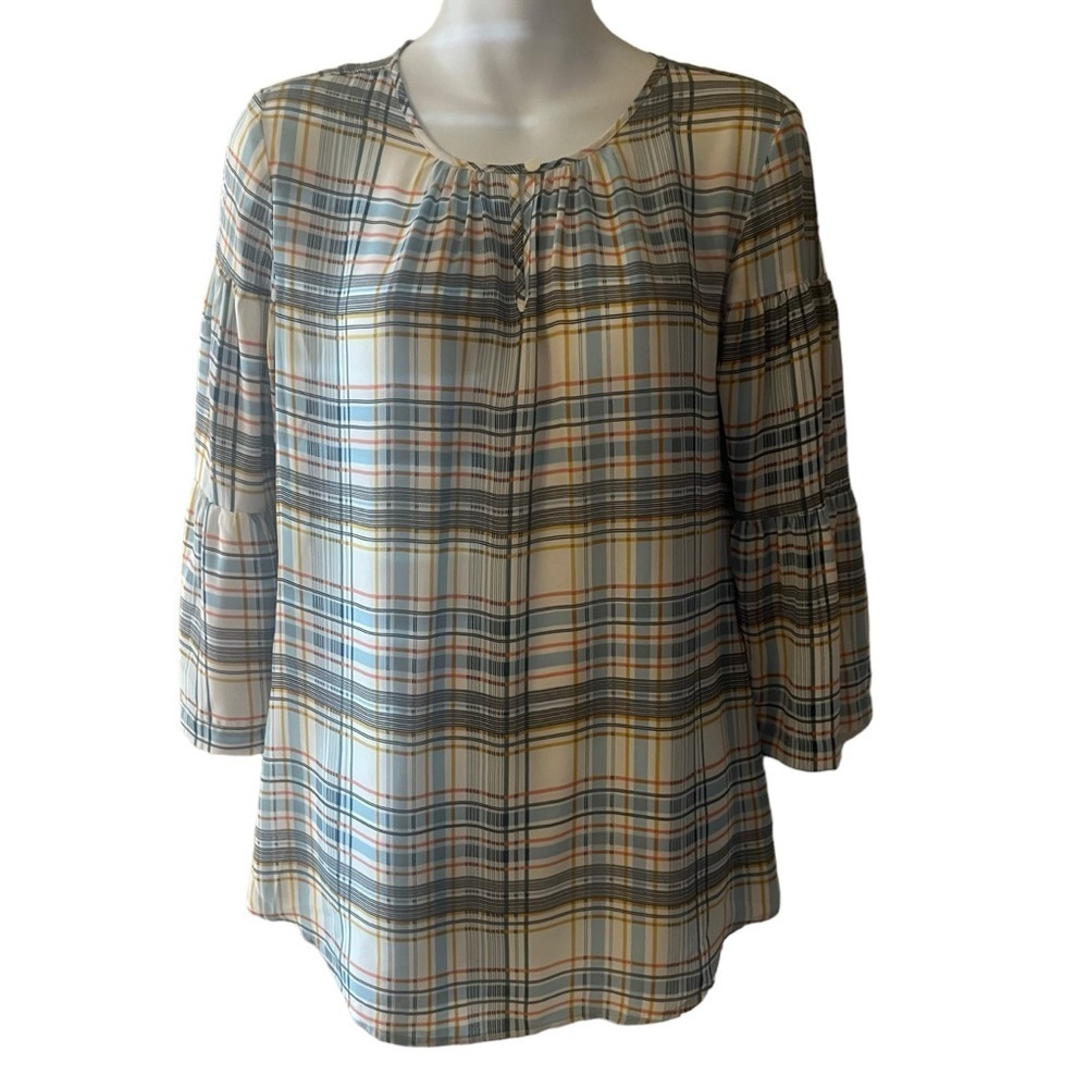 Van Heusen 3/4 bell sleeve plaid blouse size XS